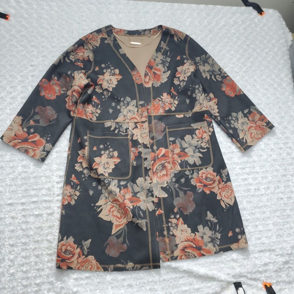 T Tahari Coat Womens XL Floral Chain Stretch Collarless